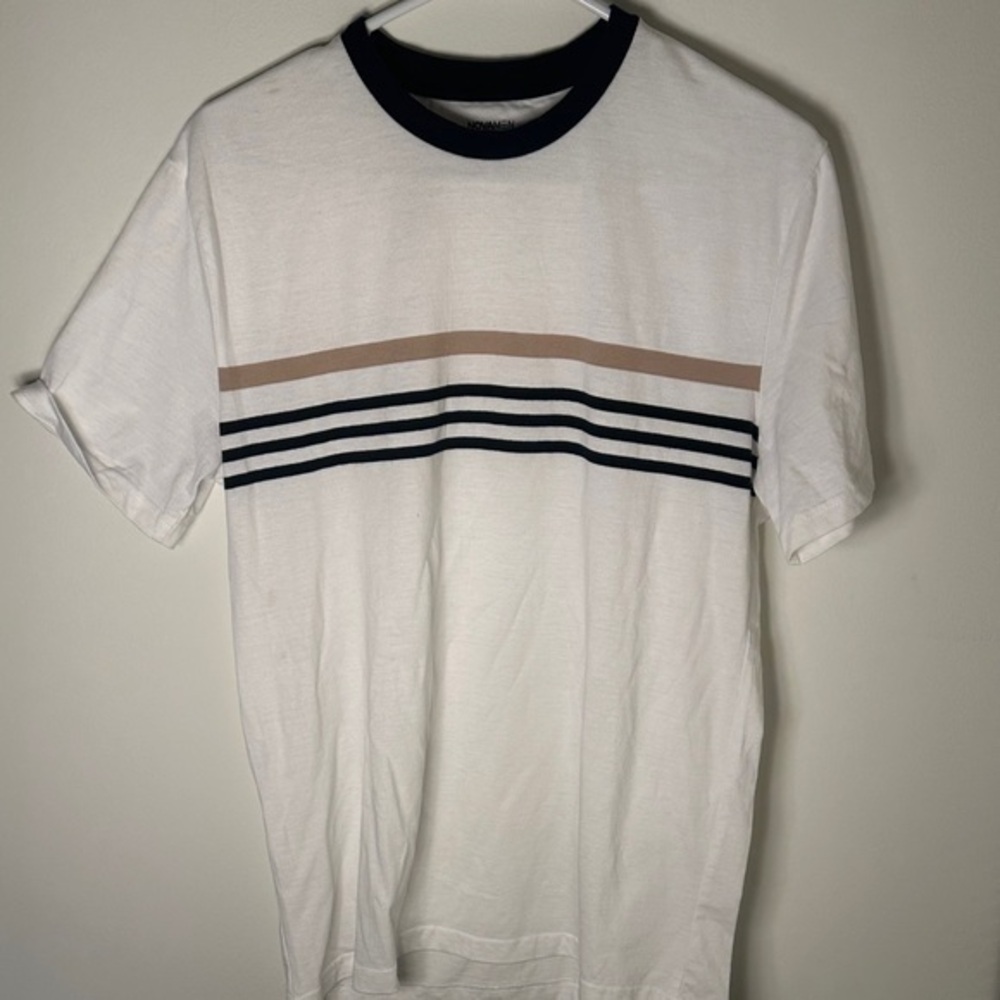 Fashion Nova White Tee with Black and Tan Stripes